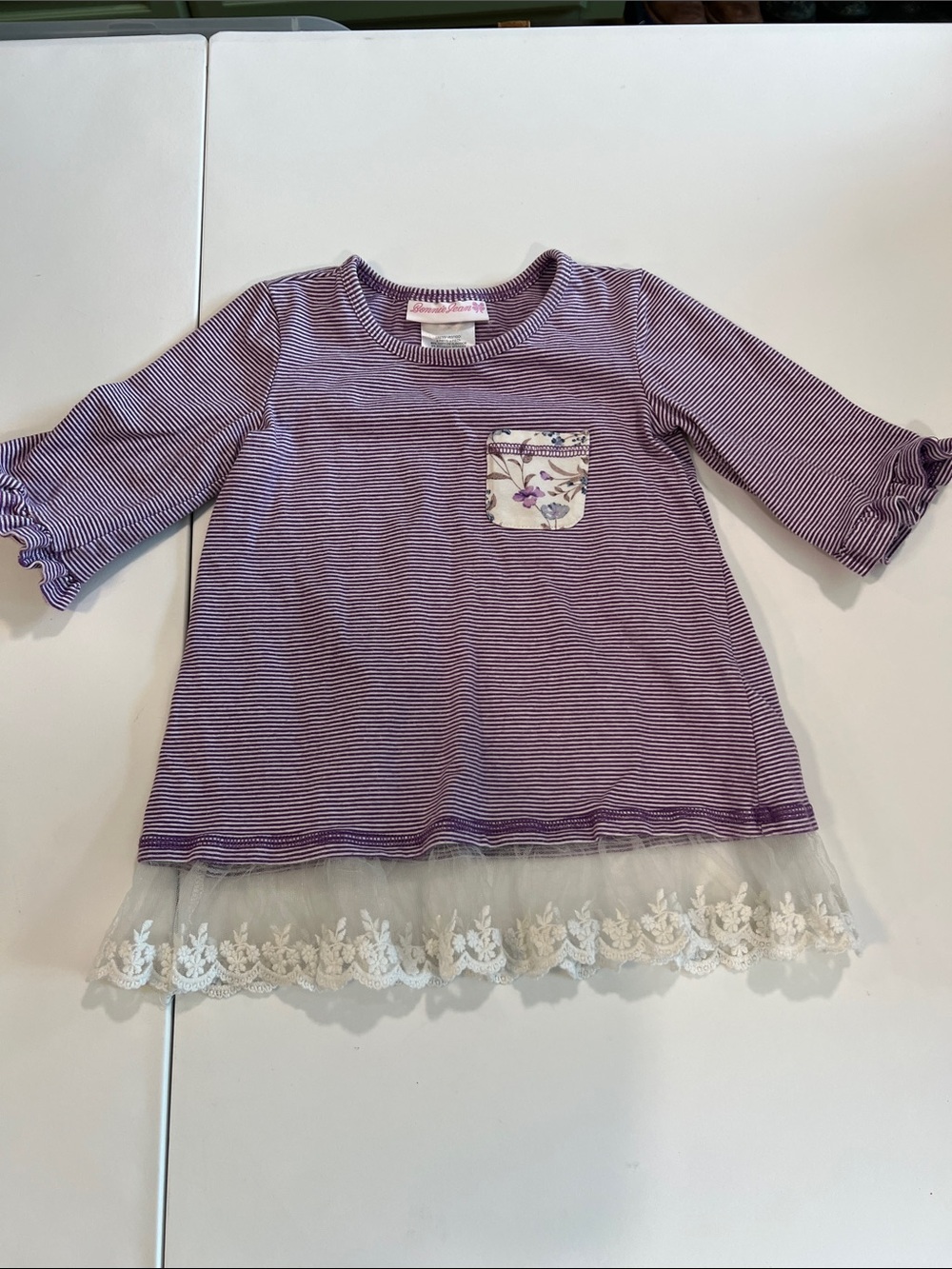 Bonnie Jean - Purple Striped Lace-Hem Tunic with Floral‎ Pocket, 3/4 sleeve
